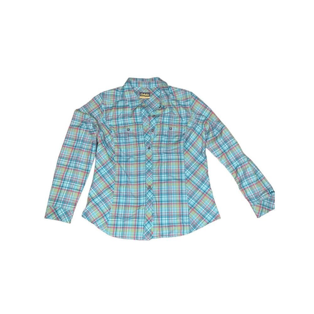 Cabelas Shirt Womens M Aqua Red Yellow Plaid  Long Sleeve Button Up Outdoor Nice - Picture 3 of 8